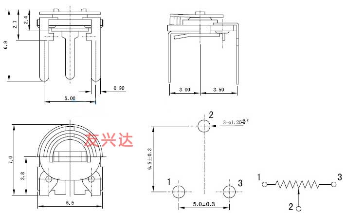 带钉铁壳可调电阻RM065C-V2规格图纸